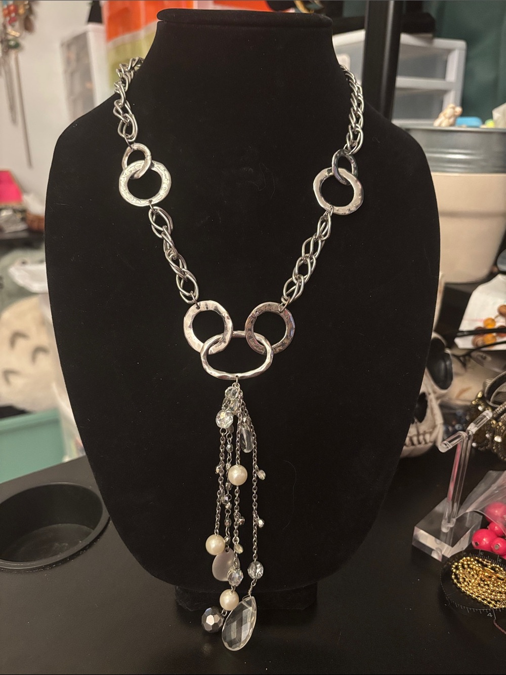 Silver Chain Pendant Necklace with Dangle Beads - Women Jewelry
